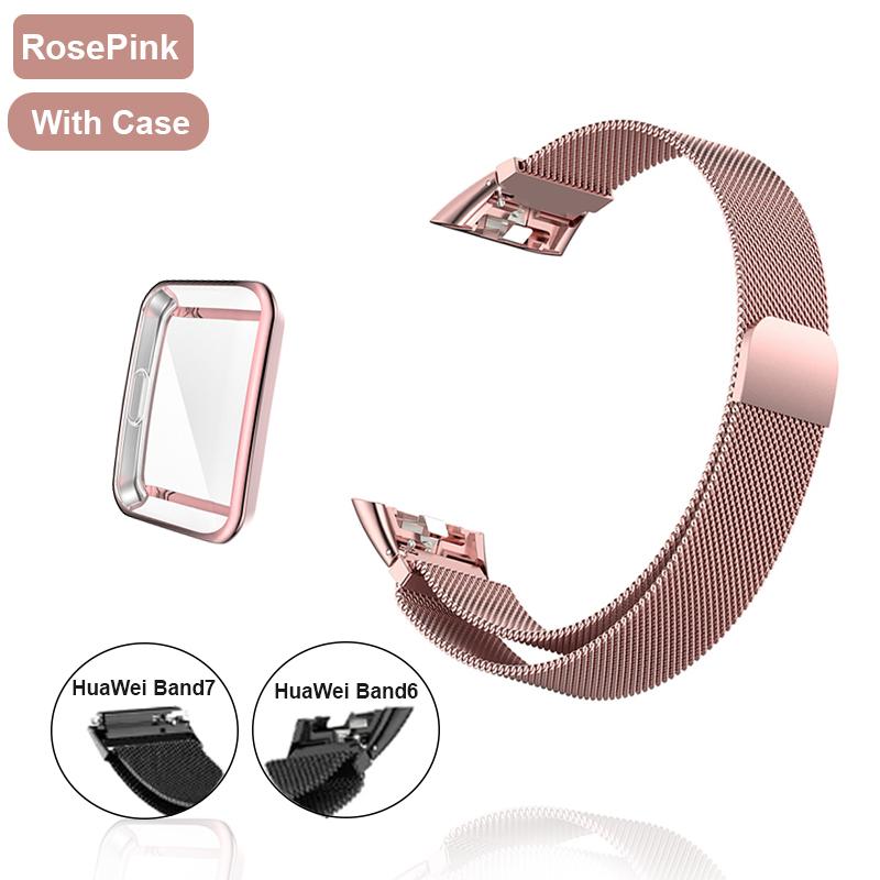 Metallklokkerem for Huawei Band 6 7 Band Honor 6 Armbånd med TPU-veske Skjermbeskytter Myk film Huawei Magnetic Loop Strap