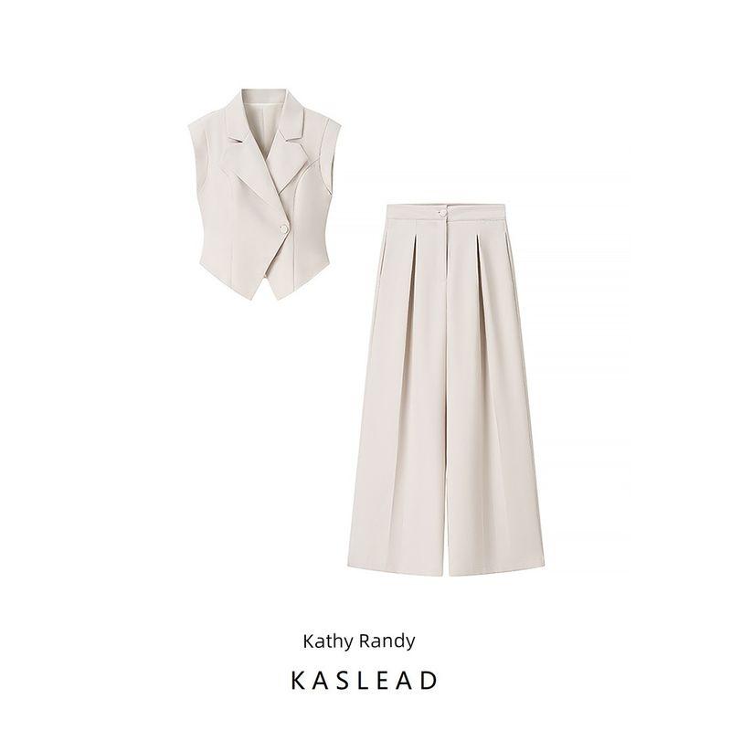 Kaslead New Women Clothes Western Style Fashion Simple Short Sleeveless Top Trousers Set