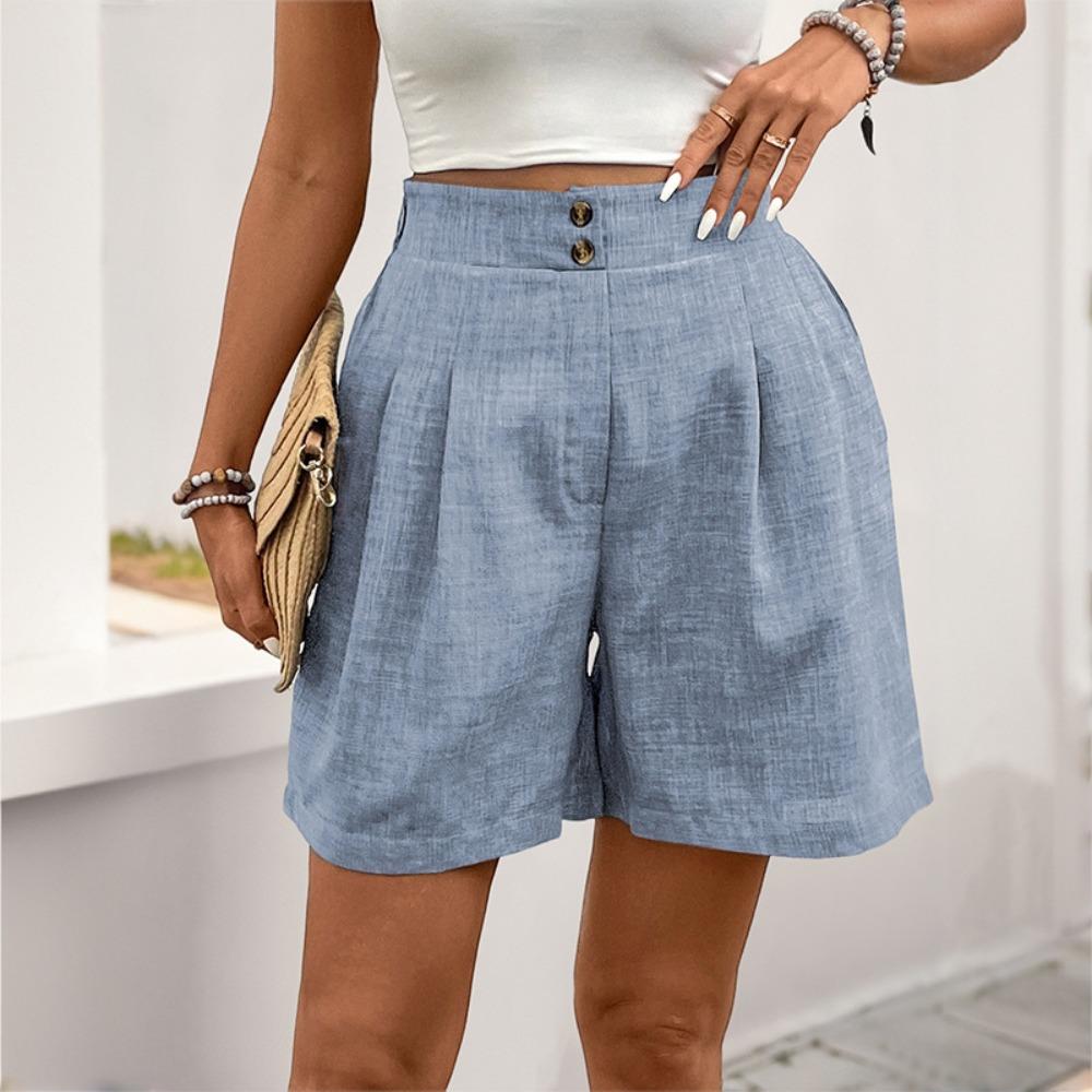 Women's Elastic High Waist Straight Leg Shorts Solid Color Button Pleated Casual Bermuda Shorts