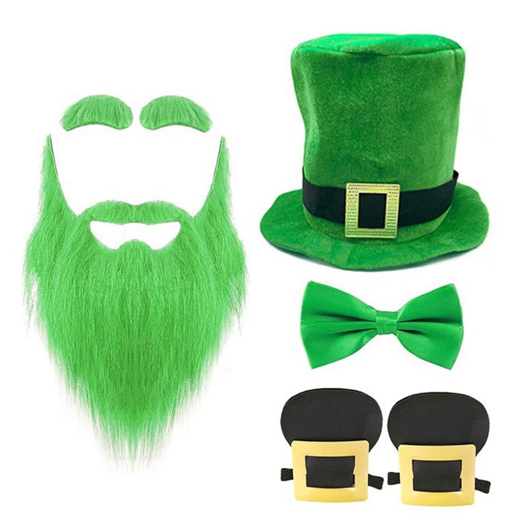 Green Tall Hat Beard for Saint Patrick Day with Bowtie Festival Decors Irish National Day Gathering Party Costume Props