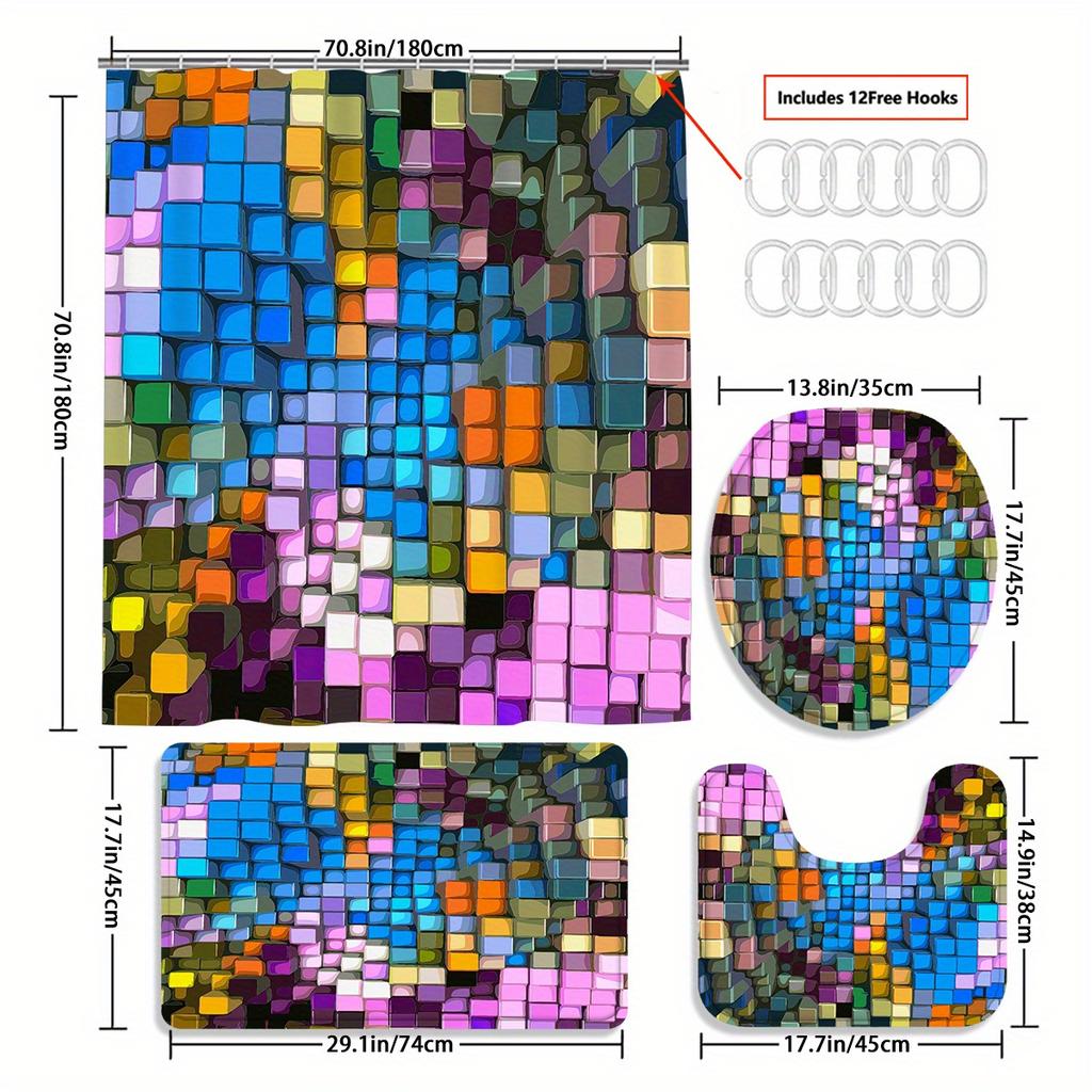Color Check Decorative Shower Curtain Bathroom Set - Machine Washable, With 12 Hooks, Including Toilet Seat Cover And Bathtub Ma