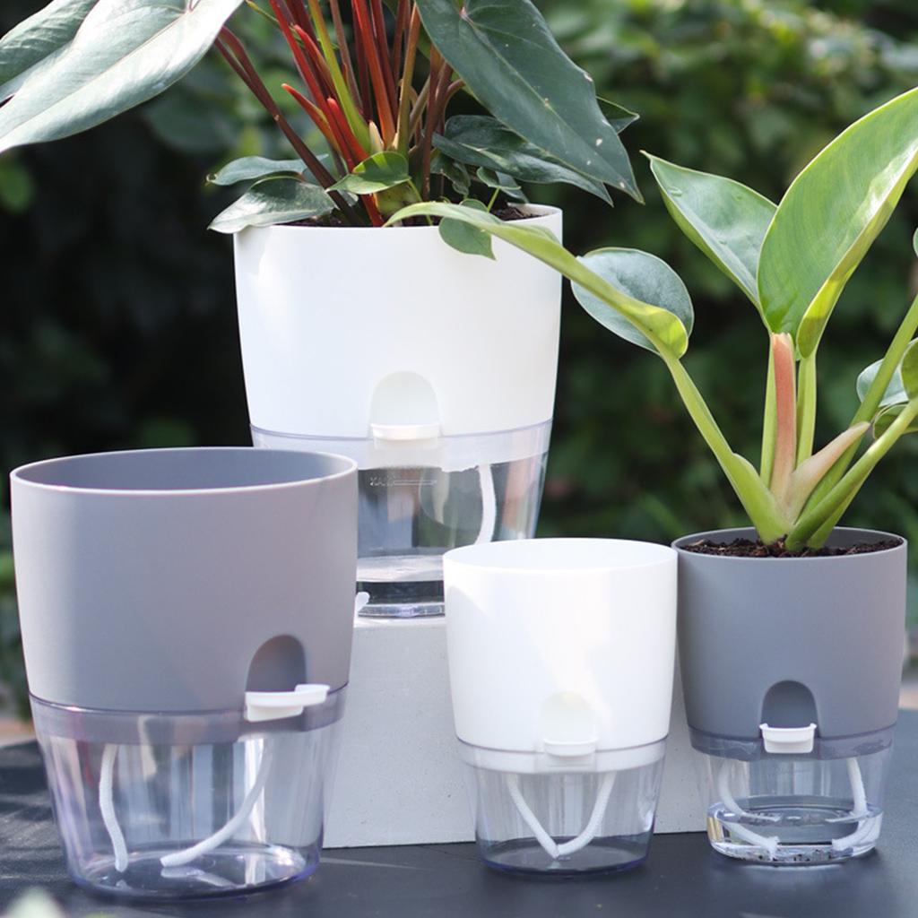 Transparent Double Layer Plastic Flower Pot Self Watering Flowerpot Cotton Rope Watering Small Plant Pot with Injection Port