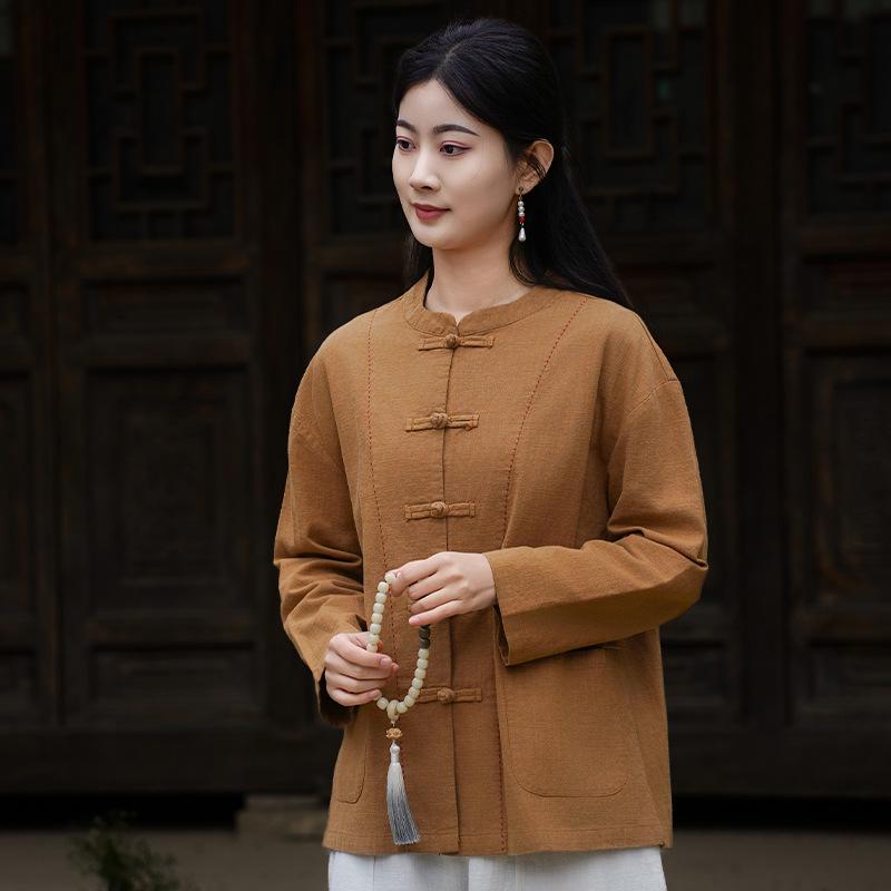 

2025 Spring Collection: Women s Cotton Linen Zen Meditation Top with Frog Buttons - Chinese Style for Tea Ceremony & Tai Chi Practice Large хакі