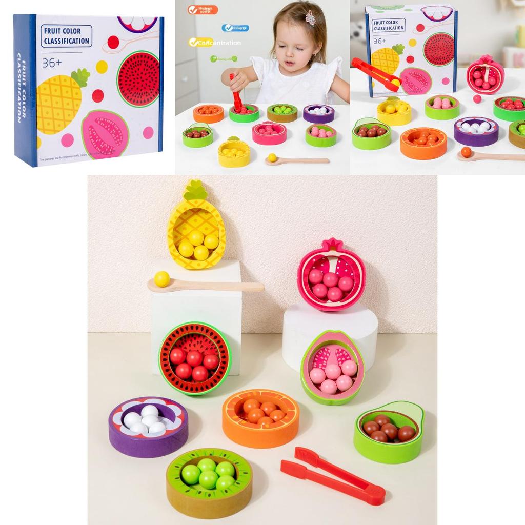 Wooden Kids Color Sorting Toy With Fruit Bead Clips For Early Education And Fine Motor Skills Development