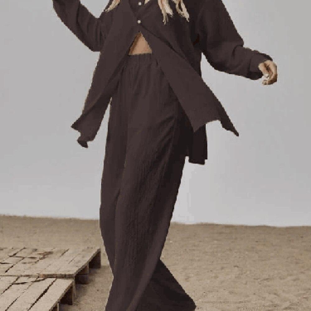 Jarní Elegantní Volný Módní Jednobarevný Outfit Dámské Košilové Obleky Dlouhý Rukáv Klopový Límec Košile A Elastické Kalhoty s Vysokým Pasem 2dílný Set