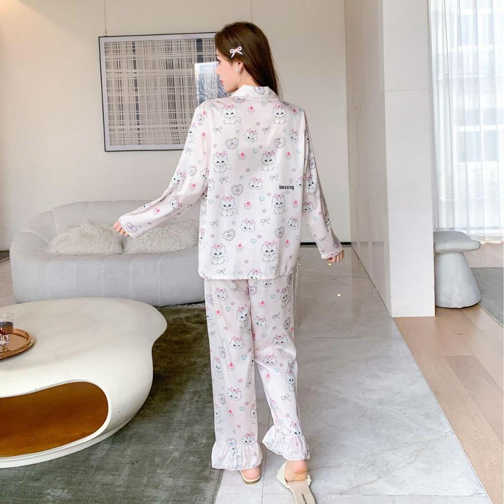 Women's Ice Silk Pajamas, Long Sleeve Set with Cartoon Design, Elegant Summer and Autumn Style, Internet Celebrity-Inspired Homewear.