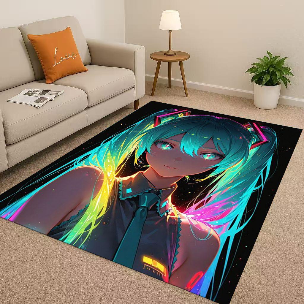 3D Kawaii M MIKU Music Cartoon Girl Living Room Non Slip Area Rug Carpet for Bedroom Playroom Sofa,Easy Clean Home Decor Doormat