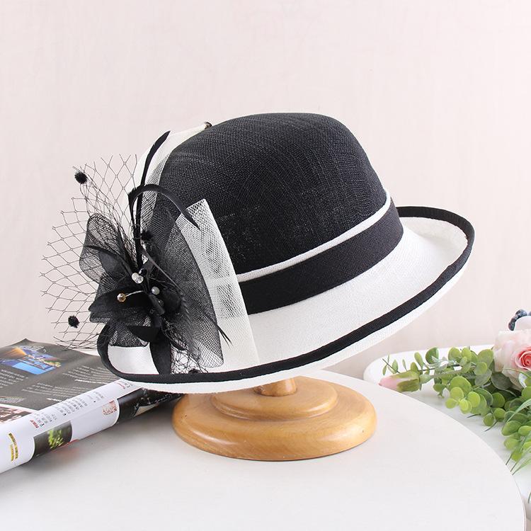 European And American Hepburn Style Black And White Crimped Top Hat, Linen Material Elegant Flower Fashion Hat, Women'S Summer Sunscreen Sunshade