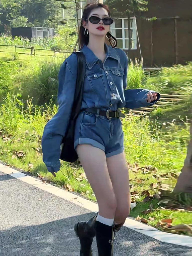 Korean-Style High-Waisted Denim Romper Shorts - Trendy Wide-Leg Slimming Women's Jumpsuit for Spring & Autumn