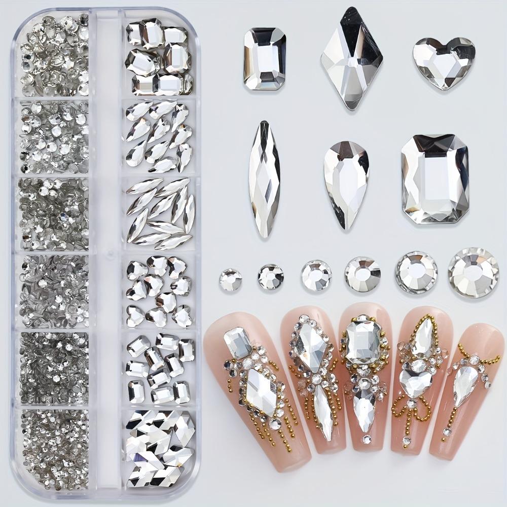 Get Your Nails Dazzling with 12-Grid White Flat-Bottom Rhinestones in Various Cute Shapes and Sizes!