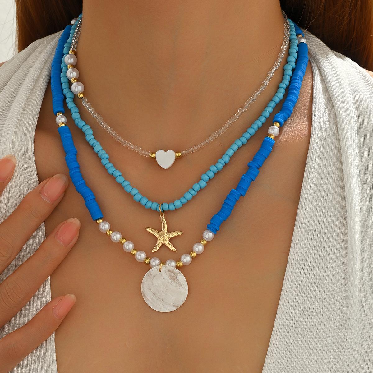 

Bohemian Blue Color Rice Seashell Beads Starfish Pendant Necklace for Women Multi-Layer Chain Clavicle Necklace Summer Jewelry