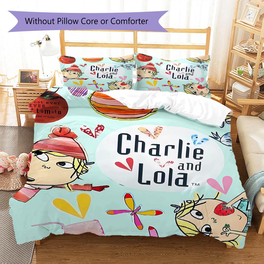 Charlie und Lola Muster Bettwäsche Steppbett Set Bettbezug Kissenbezug Heimdekoration Geburtstagsgeschenk (1 Bettbezug + 2 Kissenbezüge, ohne Füllung)