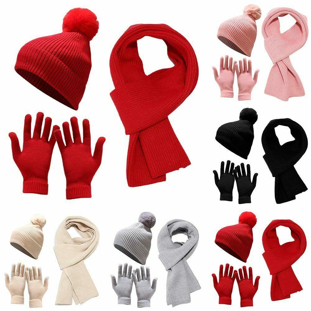 Fashion Winter Thick Knitted Beanie Cap Hat Scarf Gloves Set Ladies Hat Touchscreen Gloves Warm