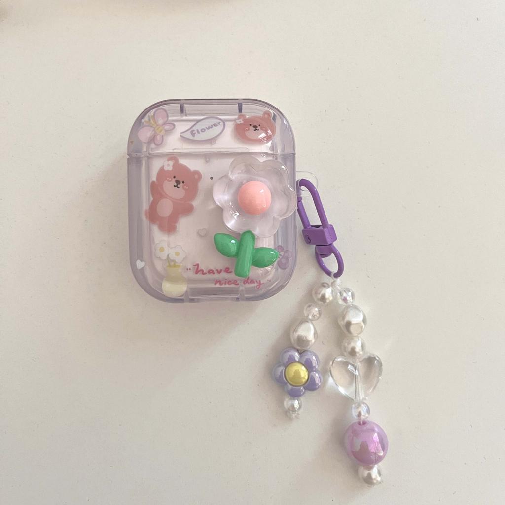 Relif 3d Flower Cute Bear Butterfly Ins Key Chain Cartoon Imd Earphone Case For Apple Airpod 1 2 Pro 3 2nd Charging Box Capa