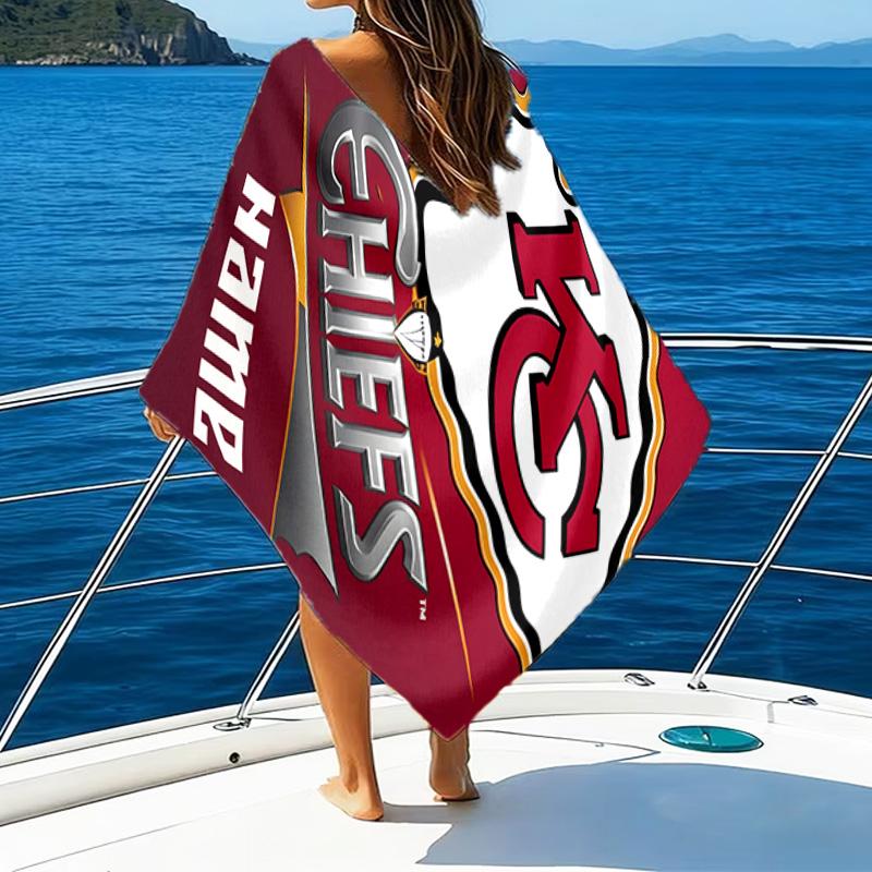 1PC Custom Name Beach Towel Kansas Chiefs Fan Gear Beach Towel, Suitable for Camping, Travel, Beach Accessories, Super Absorbent, Family Gift