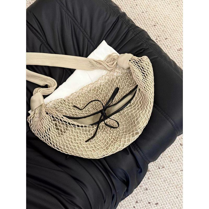 

New Influencer Picks Fashion All-Match Contrast Color Mesh Bag Woven Horn Design One-Shoulder Crossboby Bag Apricot