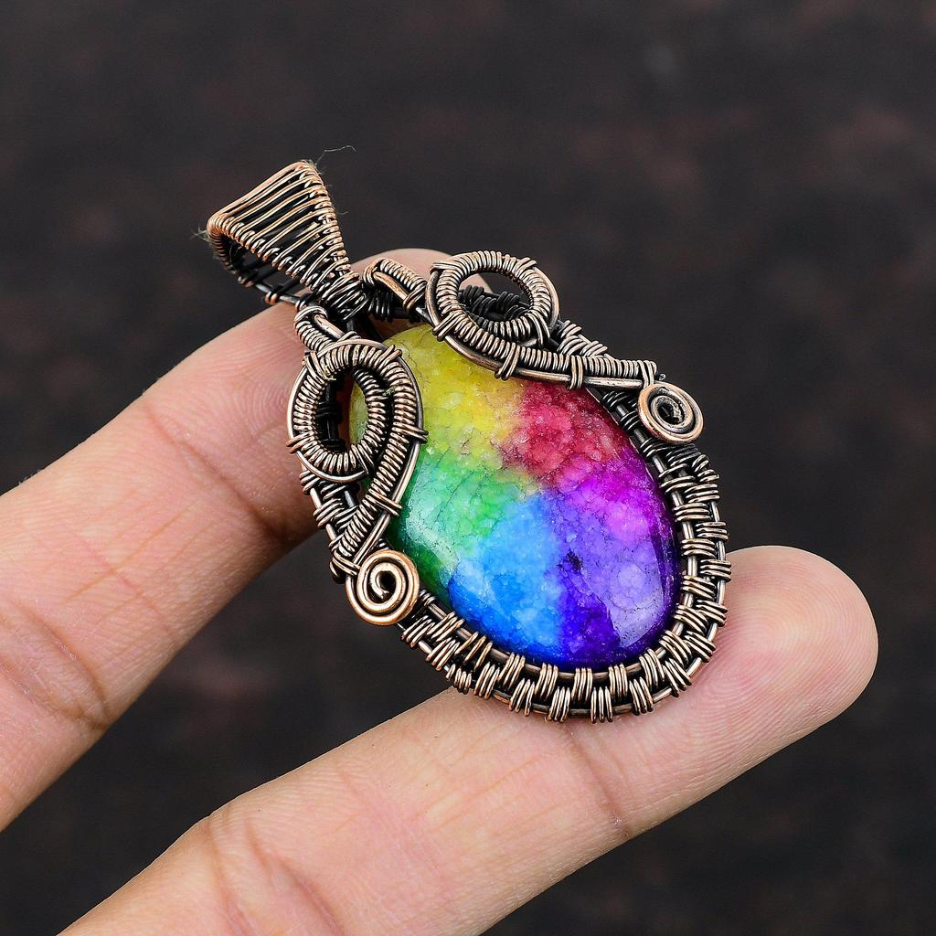 Rainbow Solar Quartz Druzy Pendant Copper Wire Wrapped Pendant Gemstone Copper Jewelry Stylish Pendant Gift For Anniversary Handmade Jewelry