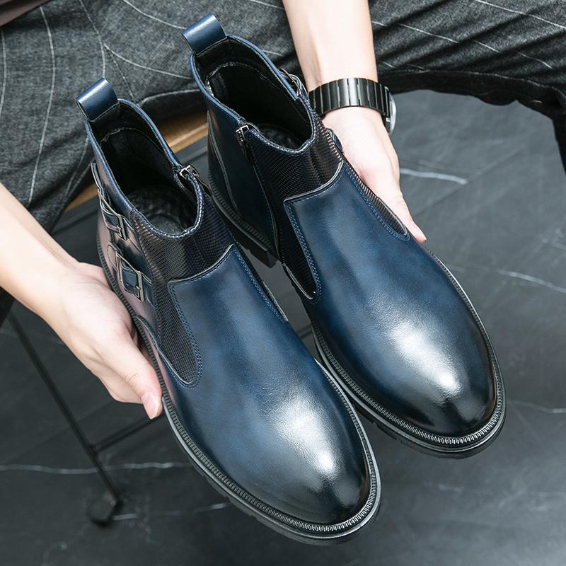 British Style Round Toe Leather Boots Men's Fashion Casual High Top Boots Buckle Slip-on Thick-soled Boots