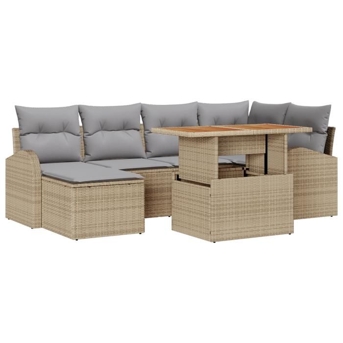 VidaXL Ensemble de salle à manger de jardin 7 pièces avec coussins Beige Poly Rattan Acacia 3349608