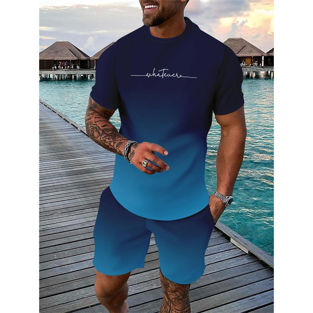 Men's Breathable Athletic Set Summer 3D Letter Print T-Shirt And Shorts Set Adult Lightweight Fitness Wear Casual Sportswear Set