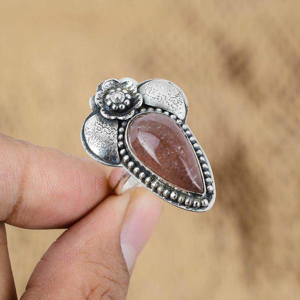 Gift For Her 925 Silver Natural Cherry Quartz Promise Flower Adjustable Ring