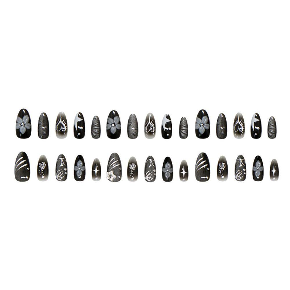 Manicure Long Almond False Nails Cat Eye Flowers with Heart-shaped Stripes Press on Nails Detachable French Nail Tips DIY