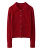 Women's Red Pure Cashmere Ribbed Knit Cardigan - Age-Defying Short Jacket with Lapel (2026)