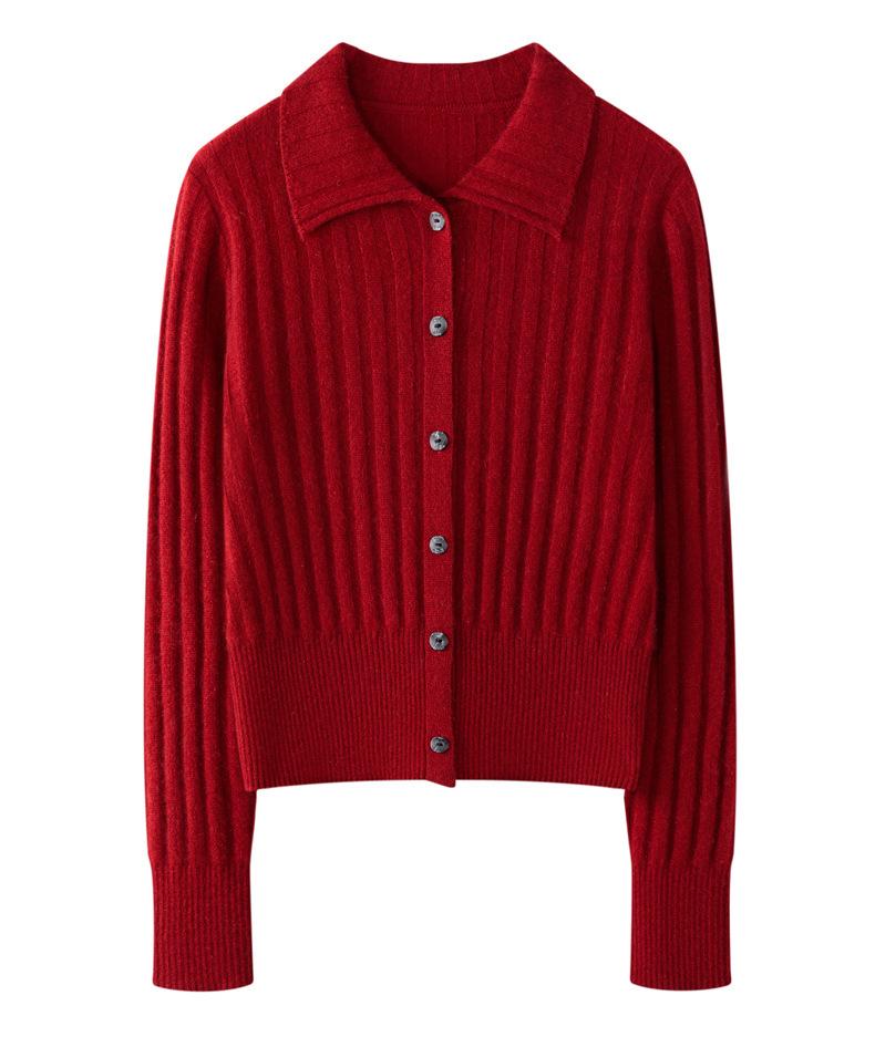 Women's Red Pure Cashmere Ribbed Knit Cardigan - Age-Defying Short Jacket with Lapel (2026)