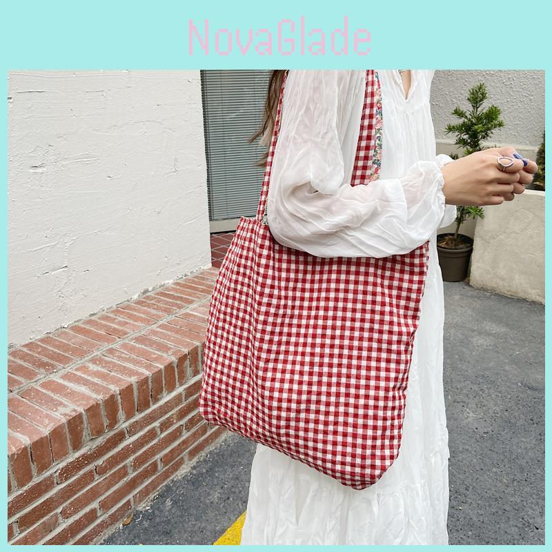 Chic Plaid Floral Patchwork Canvas Shoulder Bag For Women Soft Handle Design