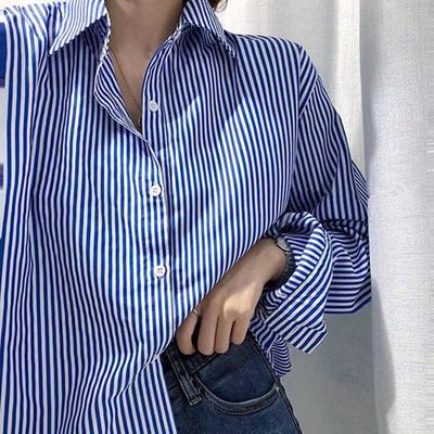 Blue Vertical Striped Shirt for Women, Loose Retro Long Sleeved Shirt, Layered and Worn
