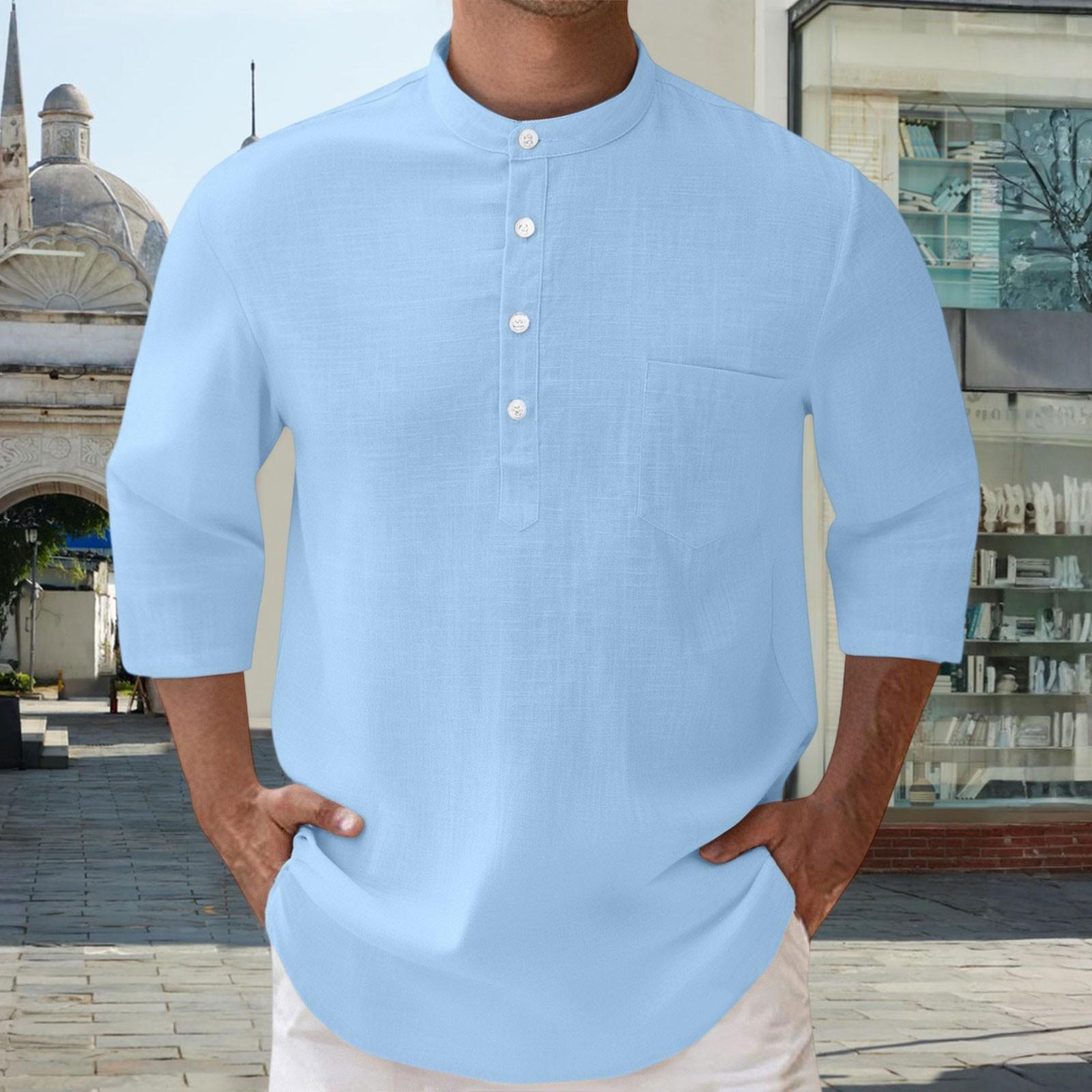 

Men s Linen 3/4-Sleeve Shirt - Buttoned Stand Collar Pocket Loose-Fit Casual Top XXXL
