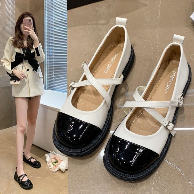 Vintage Mary Jane Small Leather Shoes Women's Autumn New Round Head Cross Buckle Belt Thick-soled Flat-soled Single Shoes