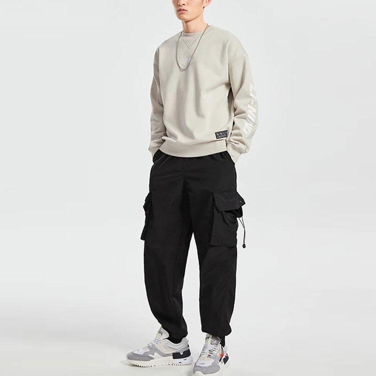 Li Ning Sports Fashion Series Embroidered Logo Loose Fleece Crewneck Sweatshirt Men Sweatshirt Gray AWDQD27-1