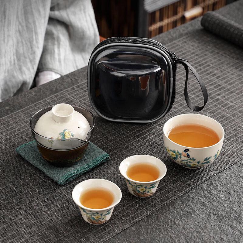 Jun Shiqi Hand-painted Portable Ceramic Travel Tea Set