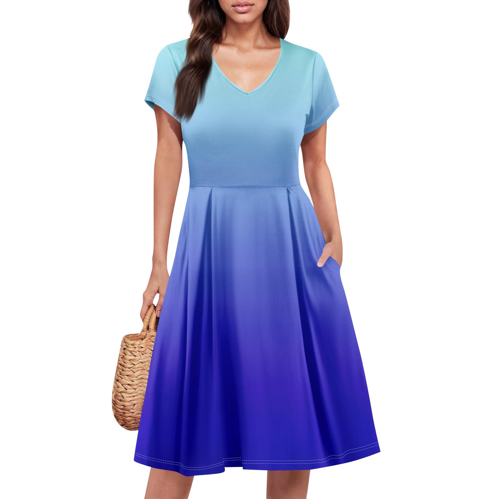 

Женское летнее платье с коротким рукавом, V-образным вырезом, короткое, модное, повседневное, летящее, А-силуэта, платье-сарафан с карманом XXL синий
