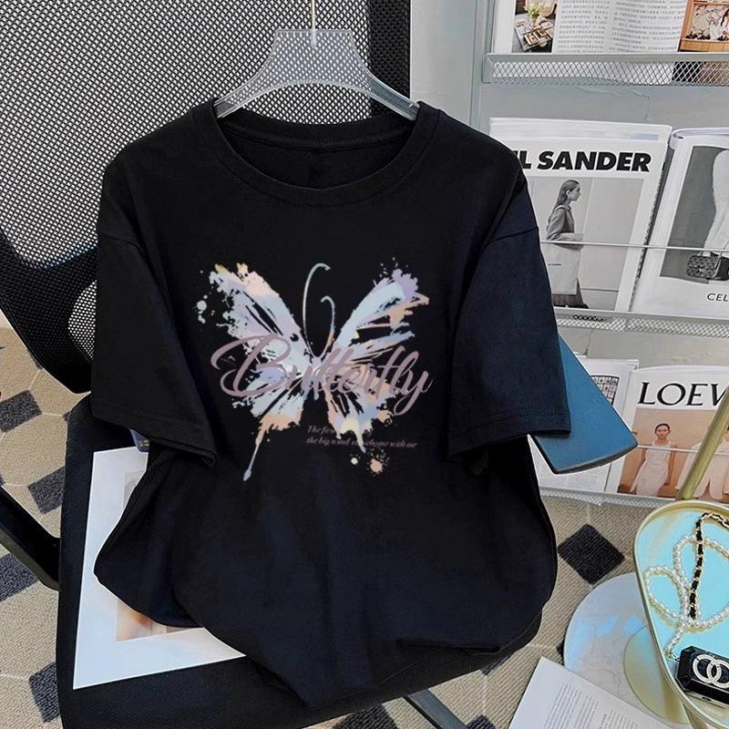 Butterfly Printed Cotton Short-sleeved T-shirt Women's Summer New Design Sense Fashionable Versatile Large-size Half-sleeved Top