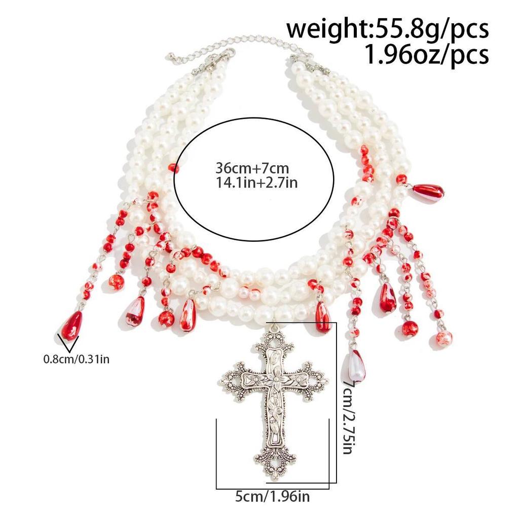 SHIXIN Goth Multi Layer Red Imitation Pearl Choker Necklace for Women Retro Jesus Cross Pendant Necklace Halloween Jewelry Gift