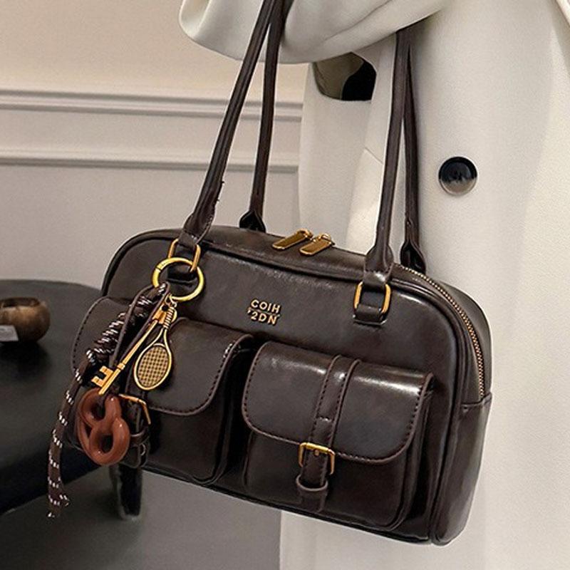 1Pcs Women's Shoulder Bag Retro Solid Color Leather Handbag With Multiple Pockets Large Capacity Comes With Detachable Accessory