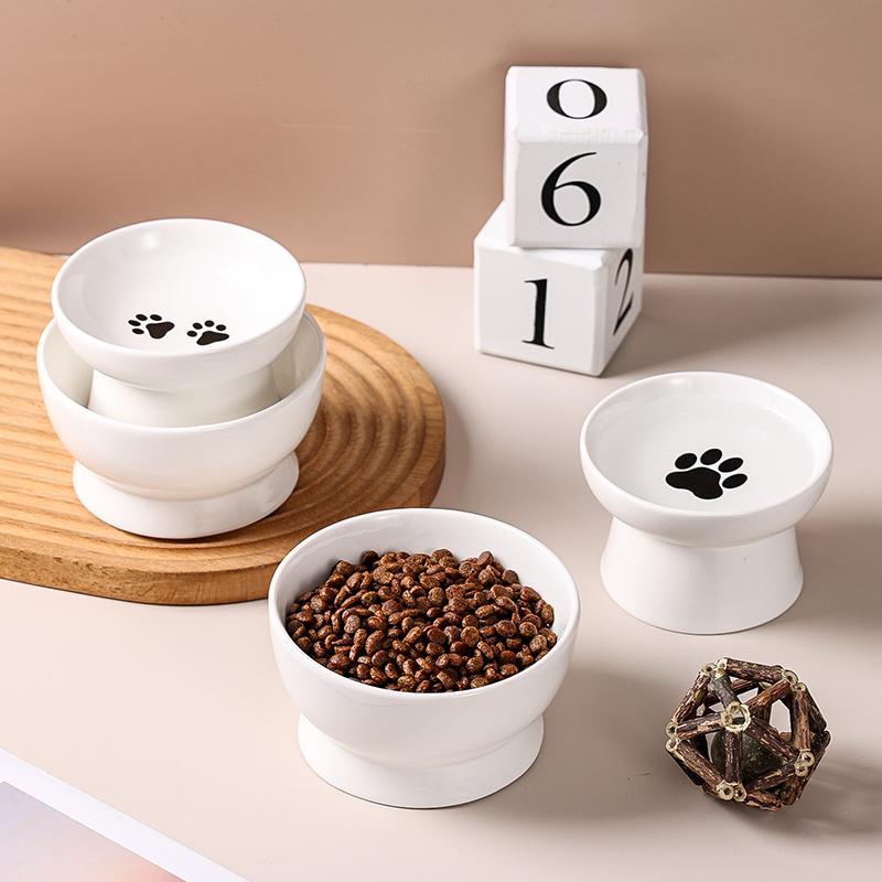 Ceramic Tall Footed Drinking Water Food Bowls, Anti Overturning Neck Protection Flat Mouth Snacks Cat Bowl, Pet Articles, 1Pc