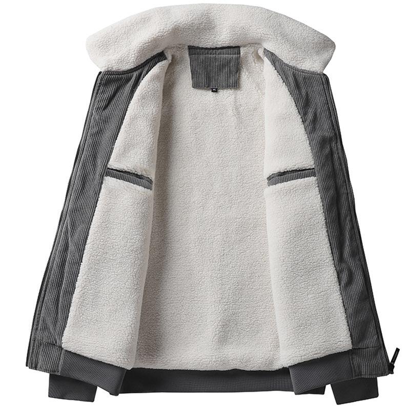 Men's Winter Corduroy Jacket with Velvet, Lamb Wool, and Stand-Up Collar - Trendy and Thick Fashion for Casual Wear