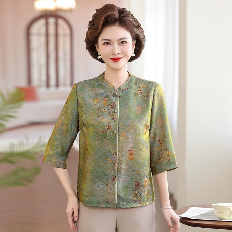 

Mom s Chic Summer Stand Collar ¾ Sleeve Shirt - Stylish T-shirt Cardigan for Middle-Aged and Elderly Women XXL зелёный