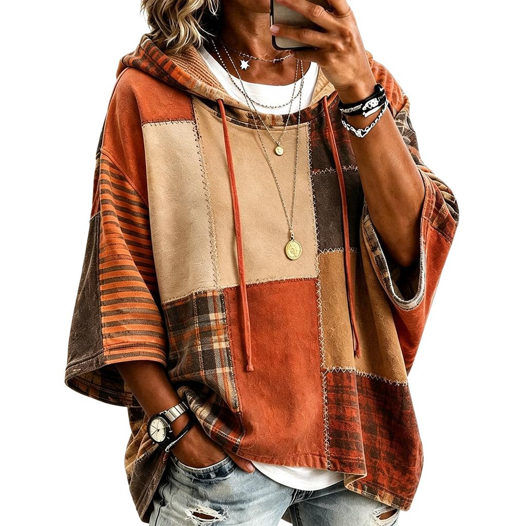 Women's Fashion Hoodie Sweatshirt with Plaid Print and - Casual Loose Fit for Everyday Wear