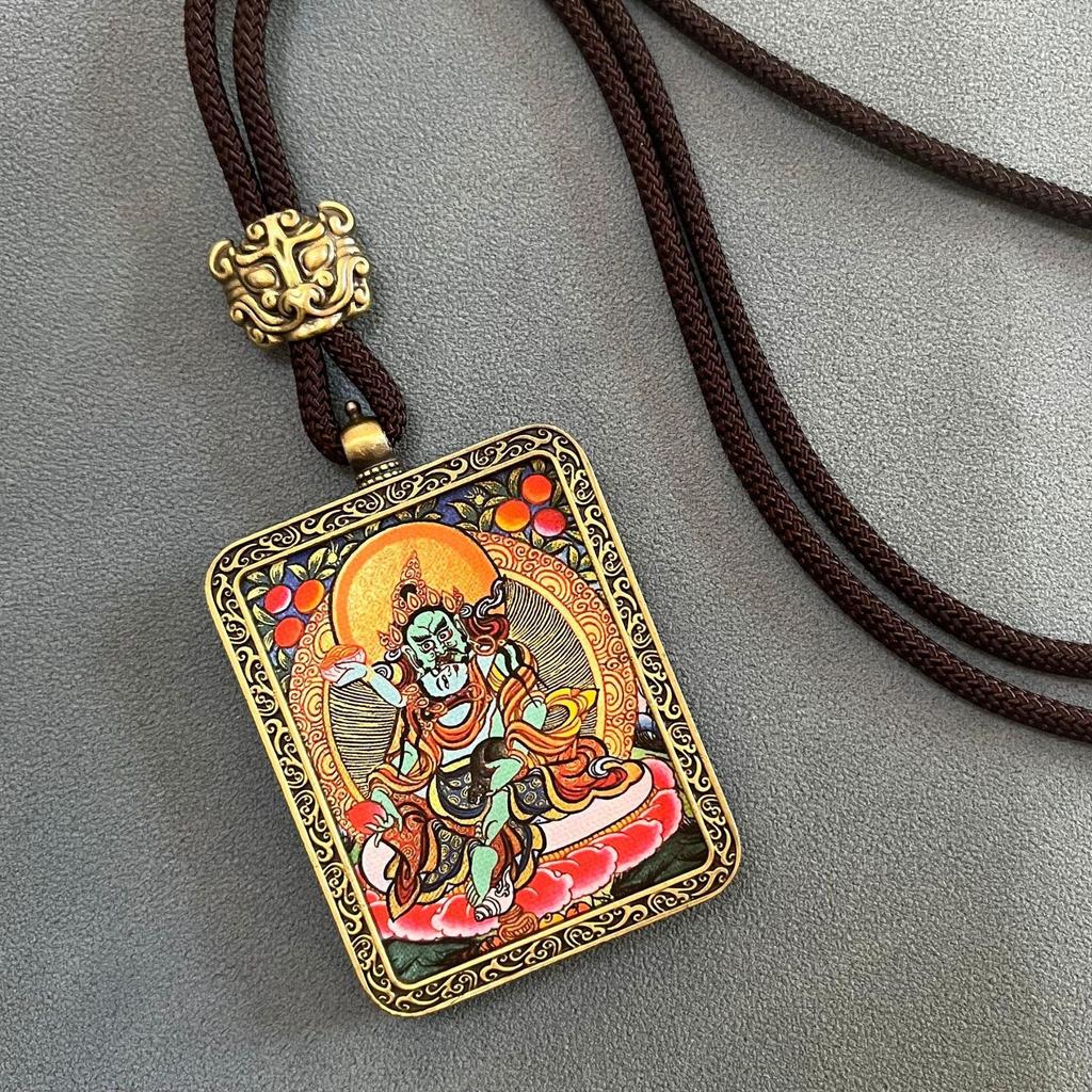 Thangka Pendant Necklace - Yellow & Black Guardian Buddha Amulet