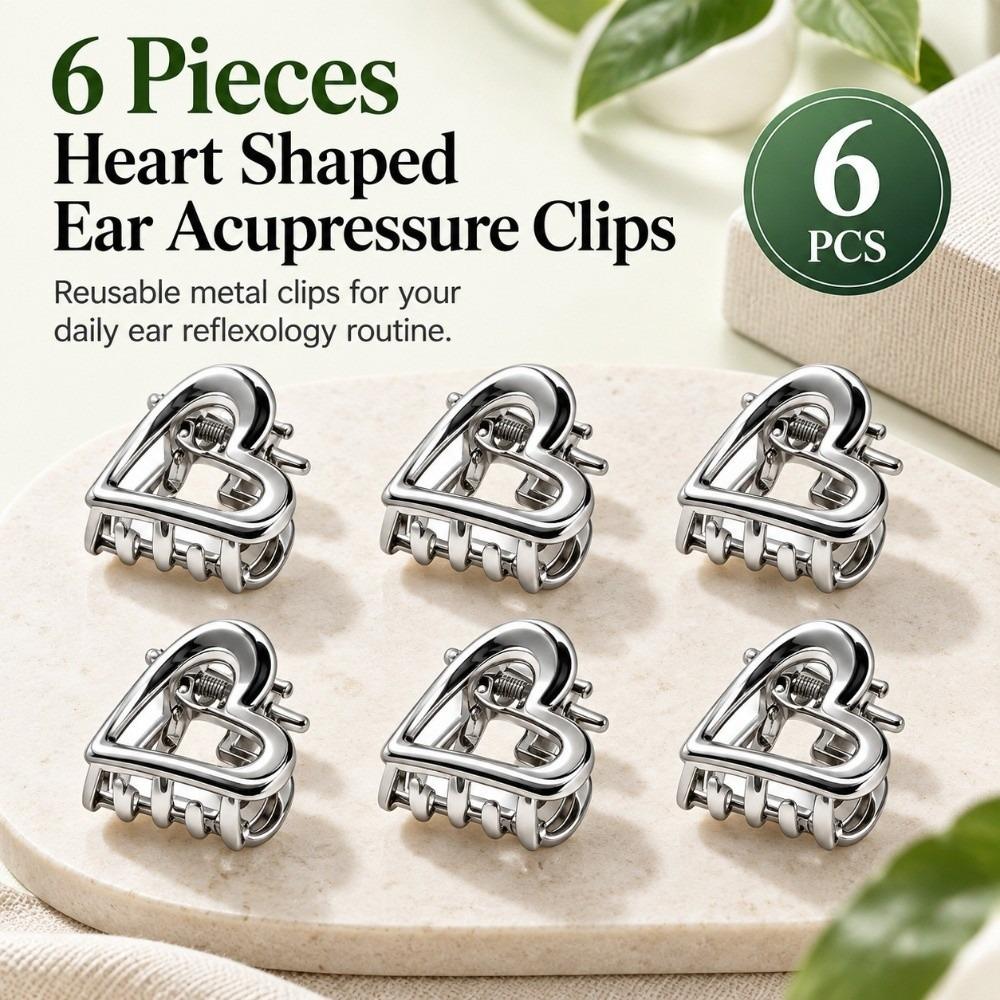 6Pcs Silver‑Tone Ear Acupressure Clips Heart Shaped Ear Acupoint Clips Household Use
