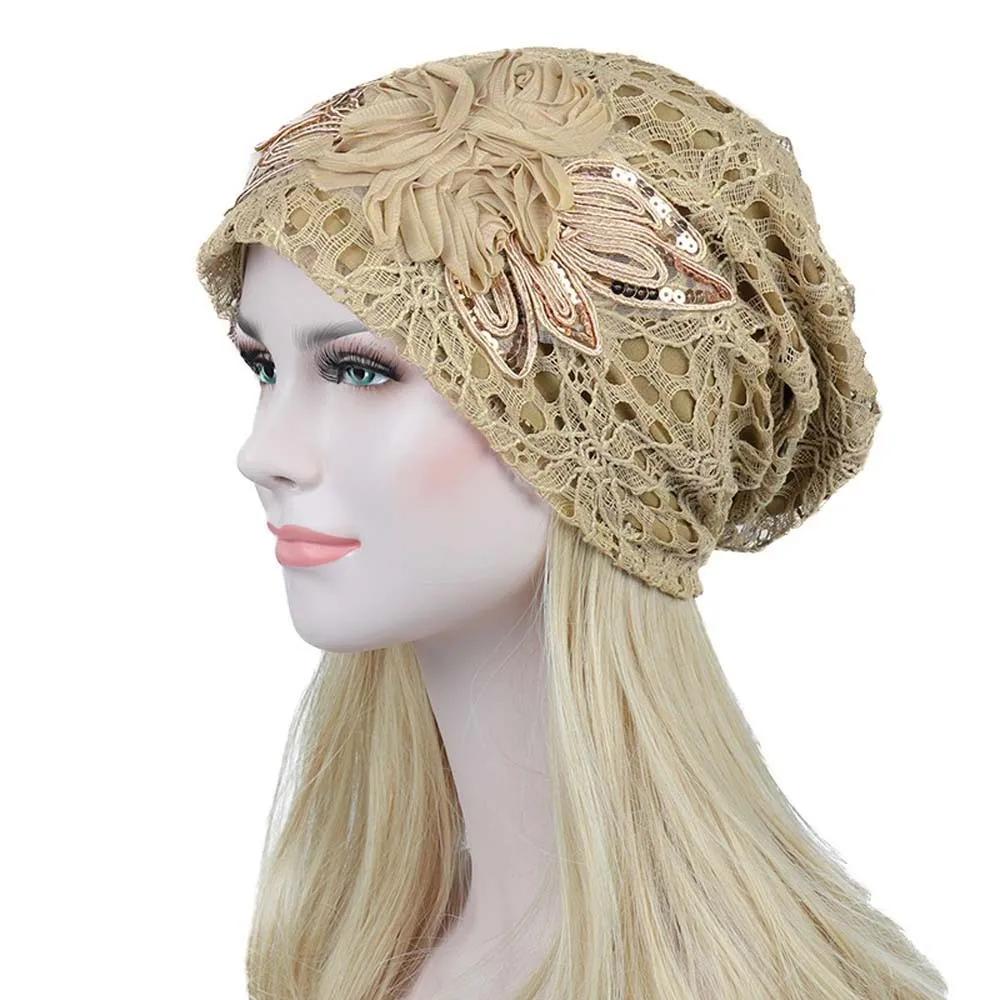 Omen Sequins Lace Turban Cap Flower Muslim Headwear Hat Female Head Wraps Ladies Bonnet Turbante Mejur