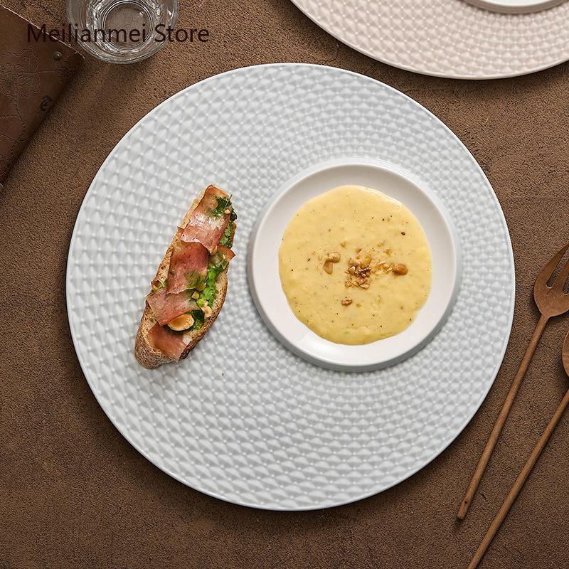 12 Inch White Ceramic Plate Home Main Dish Plate Creative Circular Cold Plates Kitchen Dining Bar Tableware Dinner Plates