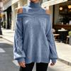 Damen Lässiger Rollkragen Pullover mit Cold Shoulder, Lockerer Strickpullover mit Langen Ärmeln