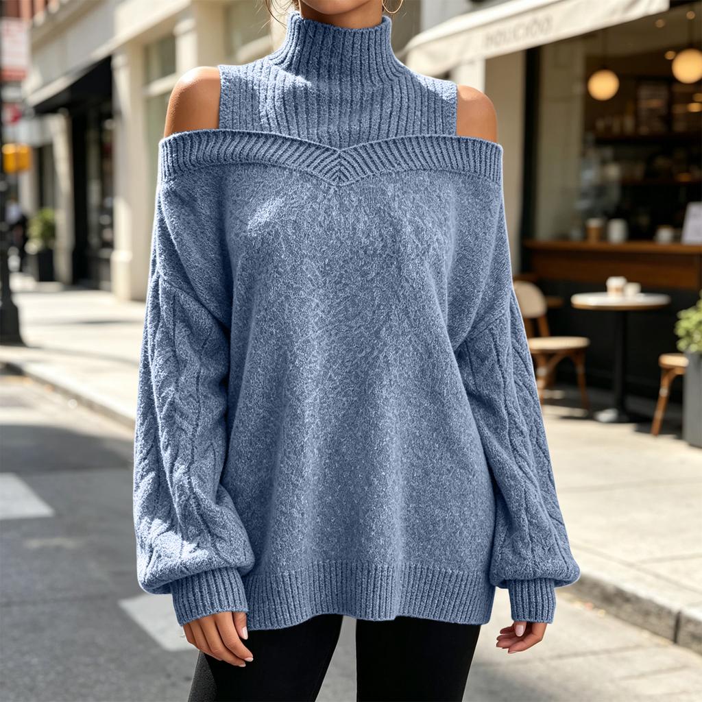 Damen Lässiger Rollkragen Pullover mit Cold Shoulder, Lockerer Strickpullover mit Langen Ärmeln