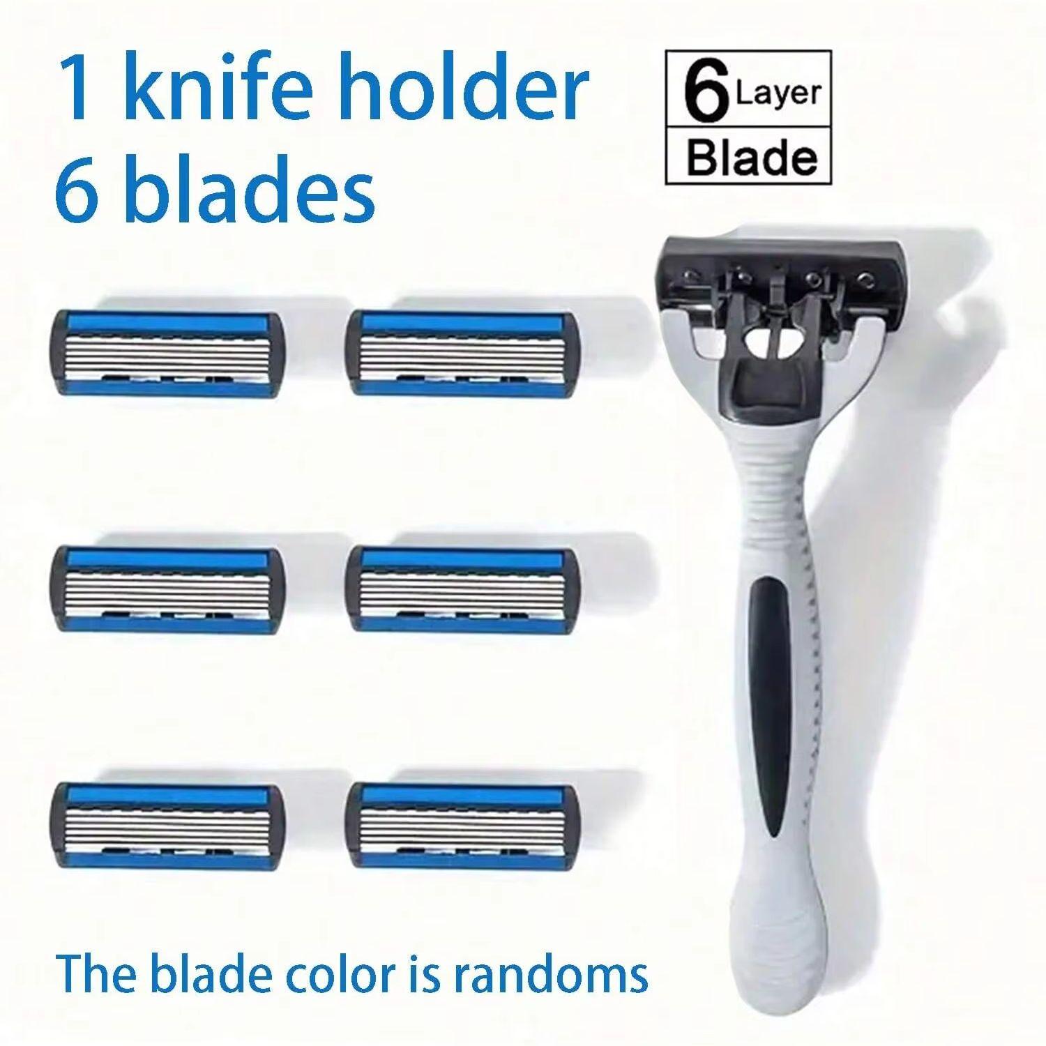 1pc hilt+6psc blade 6-layer manual razor blade men s razor blade old-fashioned shaving razor blade replacement blade set