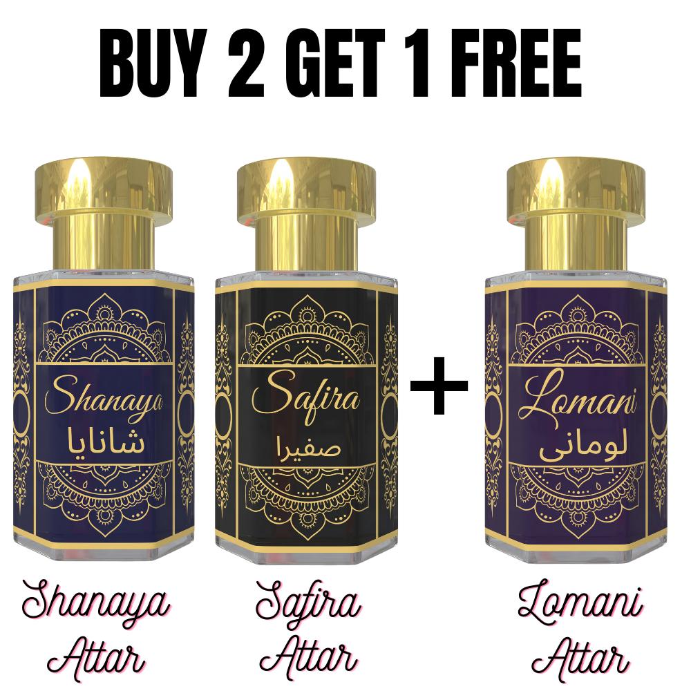 Шаная Аттар и Сафира Аттар с бесплатным Ломани Аттар – Цветочная, Сладкая и Классическая комбинация ароматов | Безспиртовые унисекс масляные духи с роликовым аппликатором | 3 x 6 мл Pack= 6ml